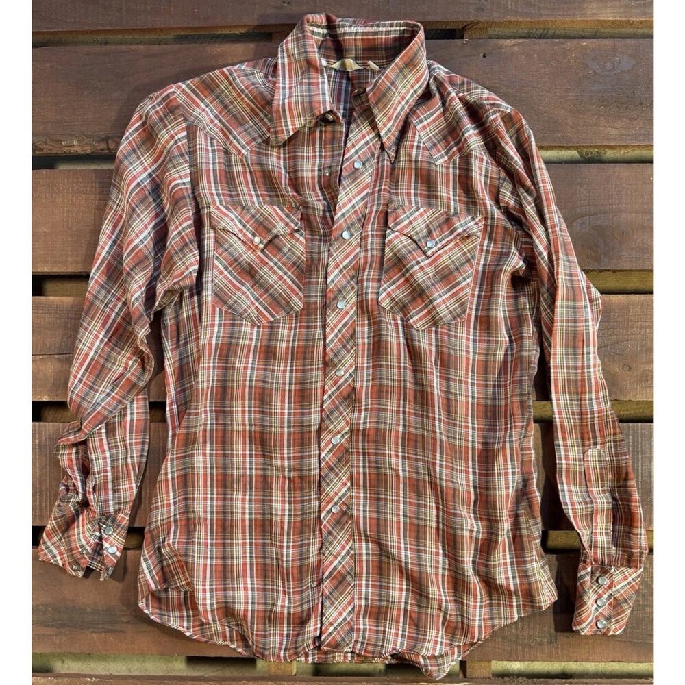 Vintage 70s Western Pearl Snap Shirt Plaid Rust Orange Extra Long Tail Mens